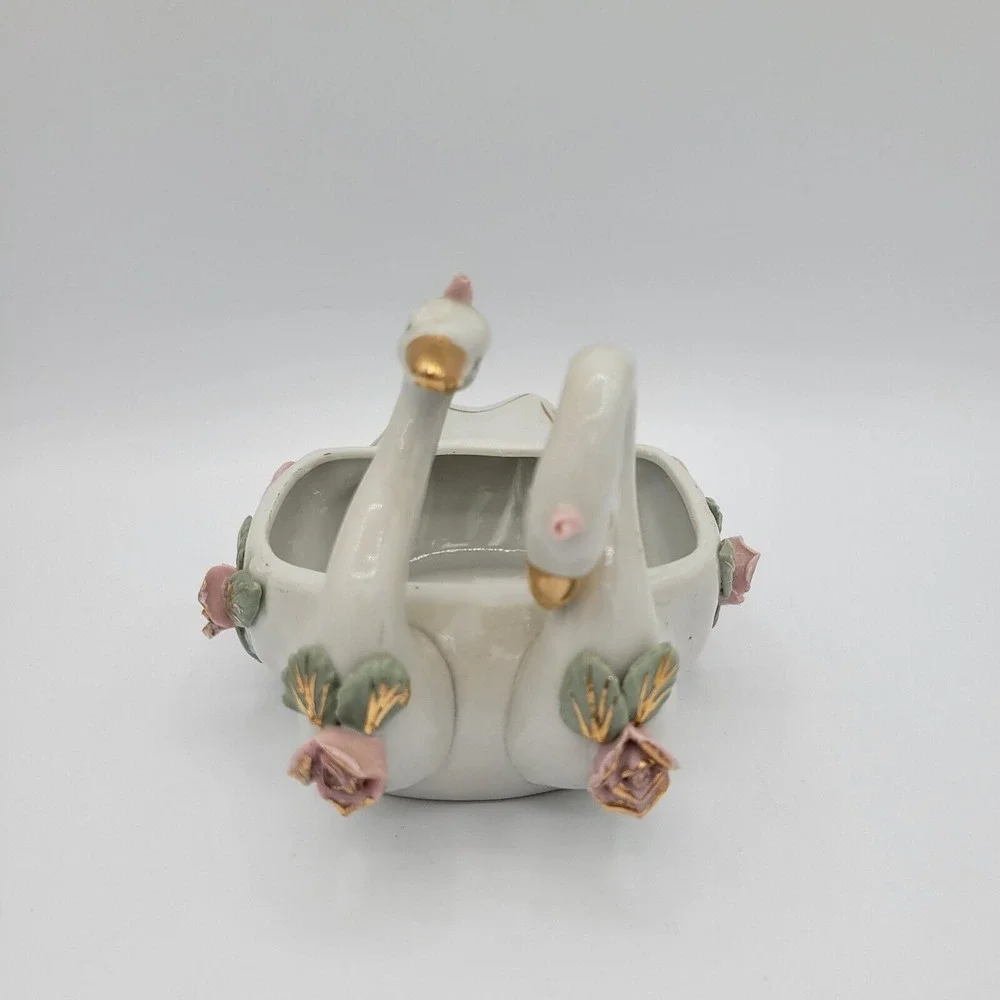 Vintage Double Swan China Trinket‎ Dish Vase With Flowers Collectible Home Decor